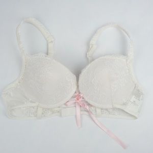 White Padded Lace Pink Ribbon Bow Bra